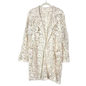 Chico's Trench Jacket Women XL Cream Floral Eyelet Lace Sheer Long Sleeve Coat 3